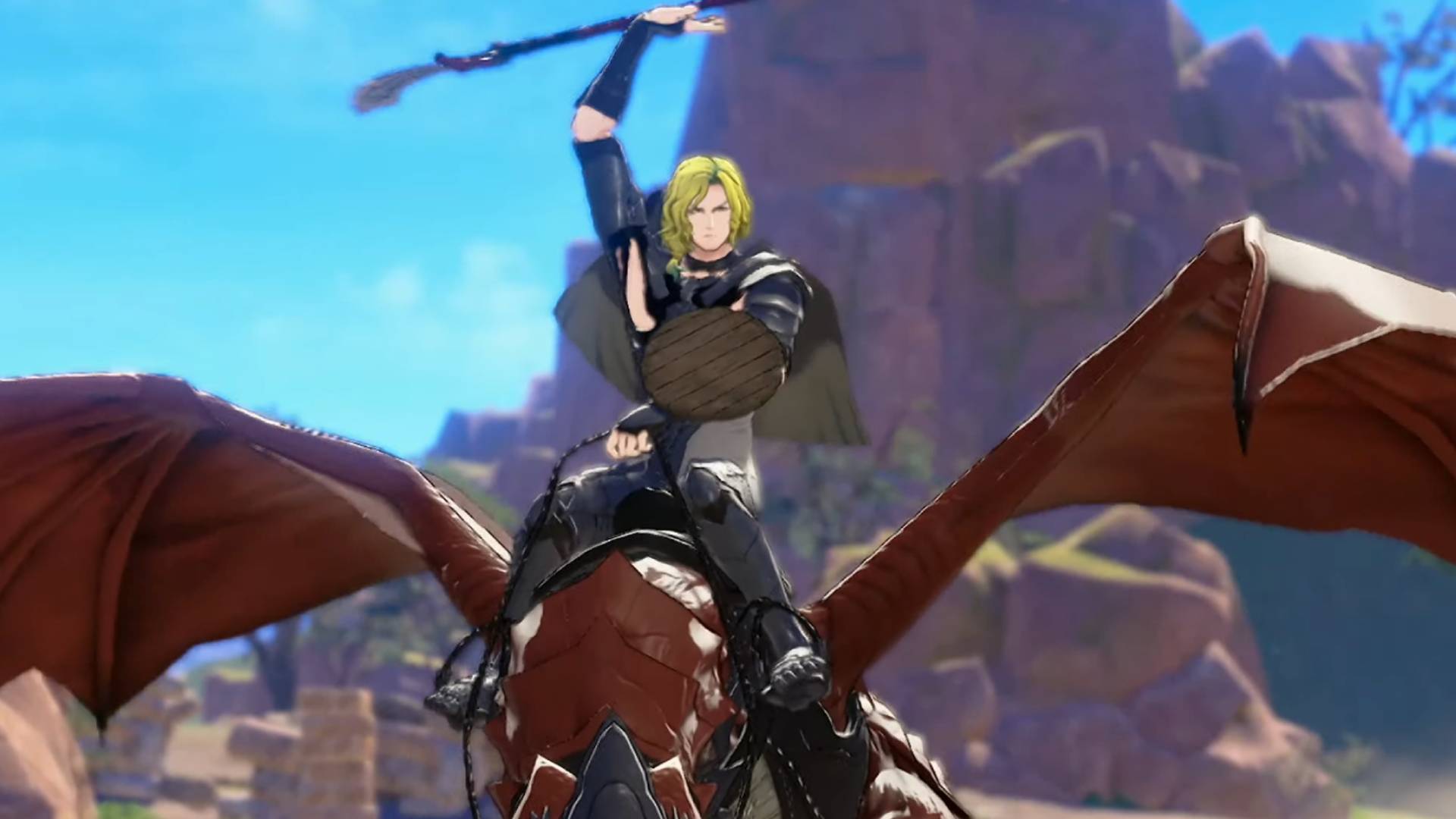 Fire Emblem: Fortune's Weave screenshot shows Seteth holding up a spear, riding on a dragon.