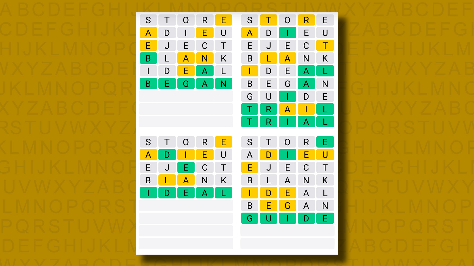 Quordle answers for game 1051 on a yellow background