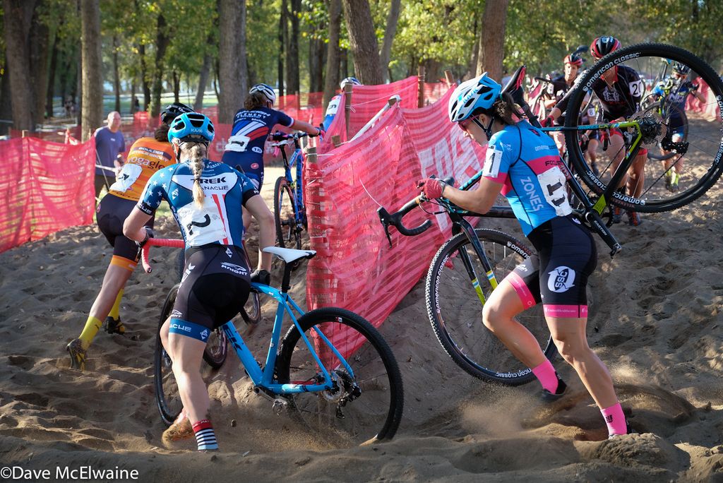 Katie Compton (Trek Panache) and Courtenay McFadden (American Classic) chasing the leaders during the opening lap