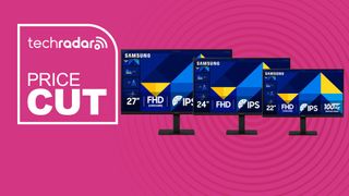 Samsung S30GD Essential monitor range on magenta background with price cut text overlay