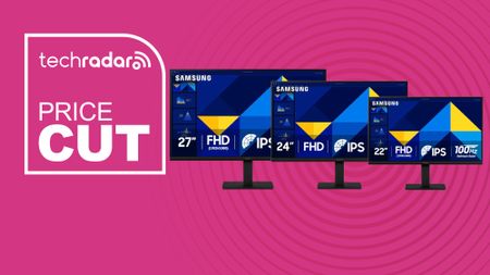 Samsung S30GD Essential monitor range on magenta background with price cut text overlay