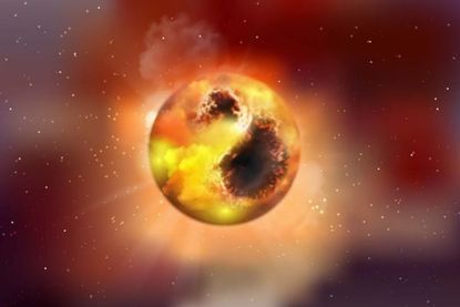 An artist&rsquo;s illustration of the red supergiant Betelgeuse. Its surface in this view is covered by large starspots, which reduce its brightness. During their pulsations, such stars regularly release gas into their surroundings, which condenses into dust.