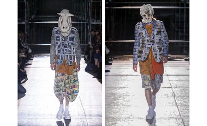 Left: Model wearing a coat with padded sections, comic-strip print trousers and a padded dinosaur-style headpiece. Right: Model wearing a coat with padded sections and brick-work sleeves, comic-strip print shorts and padded dinosaur headpiece