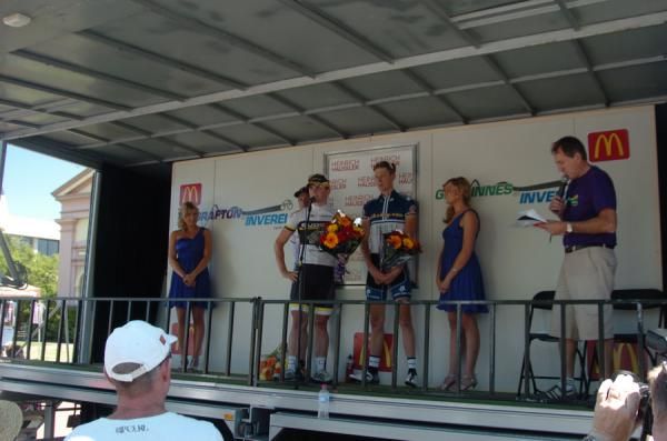Chris Jory (BikeBug.com) talks about the race on the podium.
