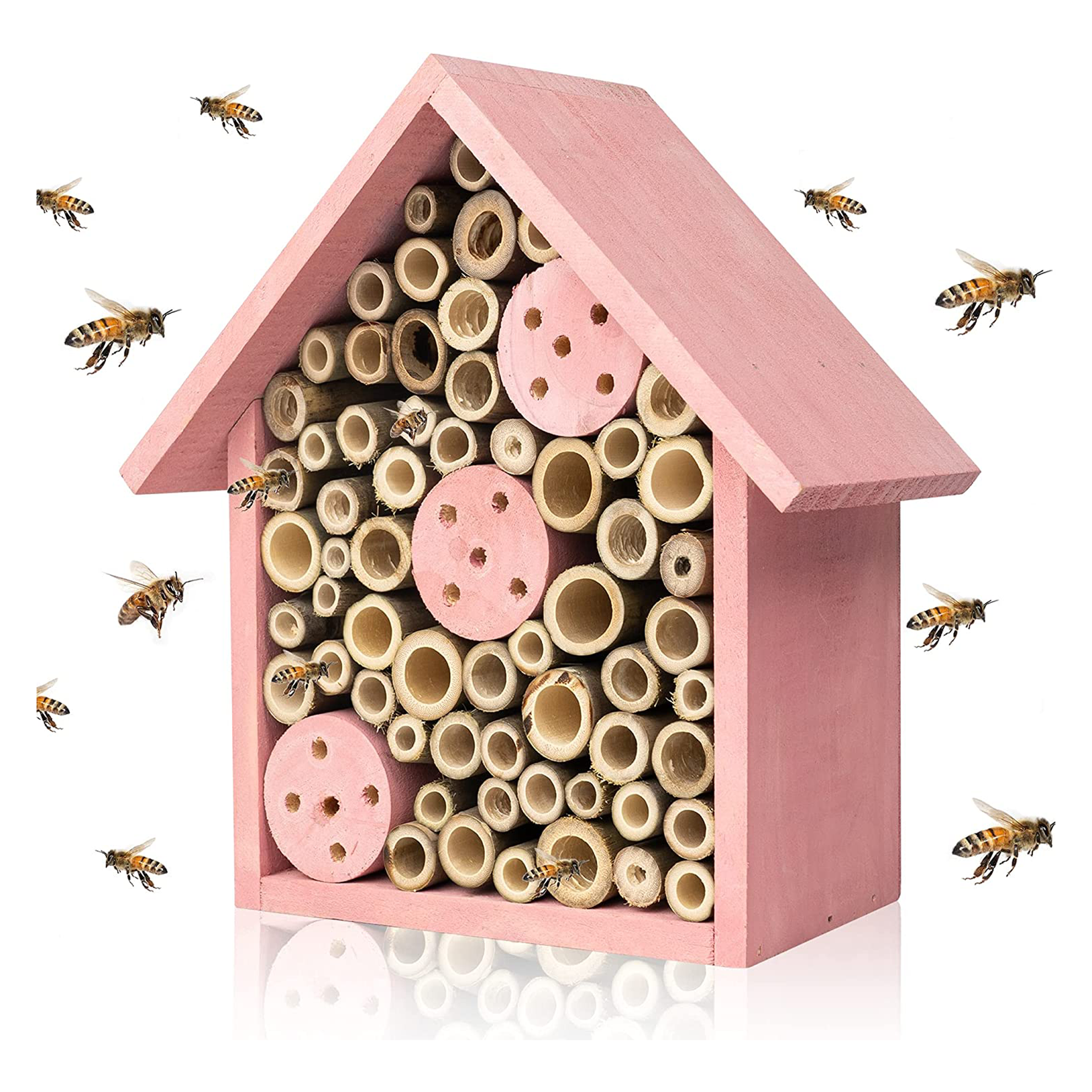 Sebuah hotel serangga berbentuk rumah berwarna merah muda pastel