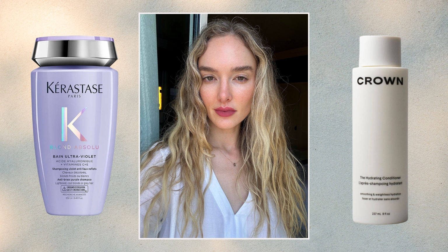 a blonde woman in a white shirt on a background of light blue and gold with a purple bottle of shampoo on her left and a white bottle with black writing on her right
