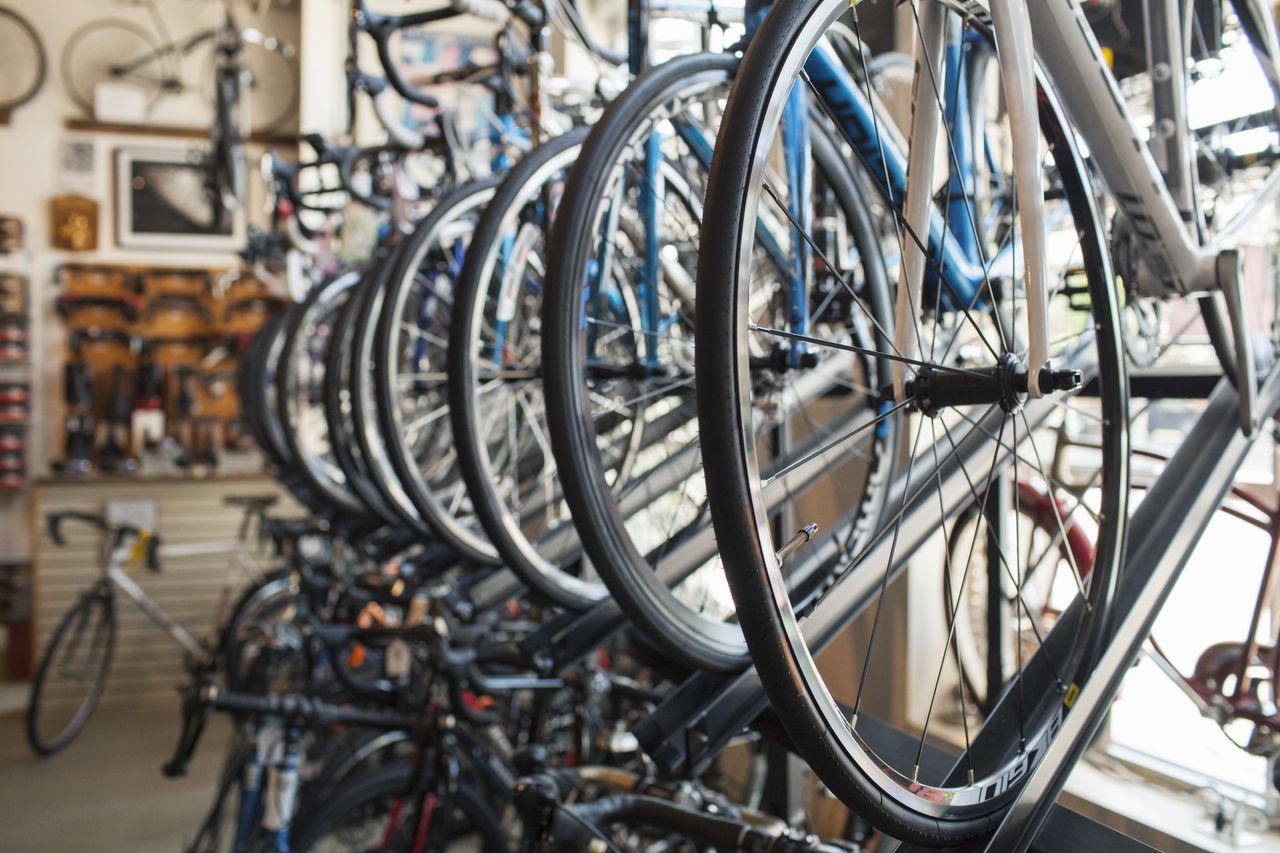 Bicycles hanging up in a shop