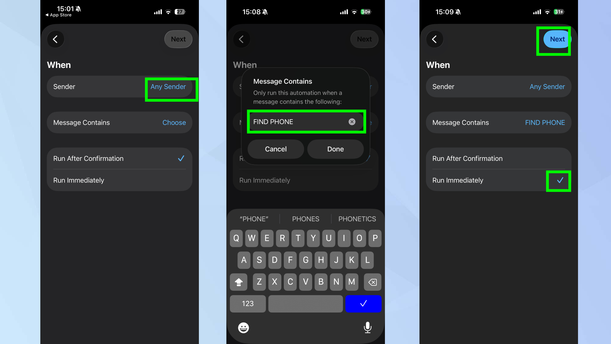 iPhone lost phone shortcut steps 2 highlighted 