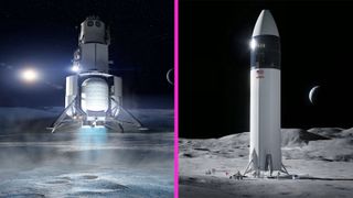 Side-By-Side Comparison Of SpaceX And Blue Origin's Proposed Lunar Landers Touching Down On The Surface Of The Moon