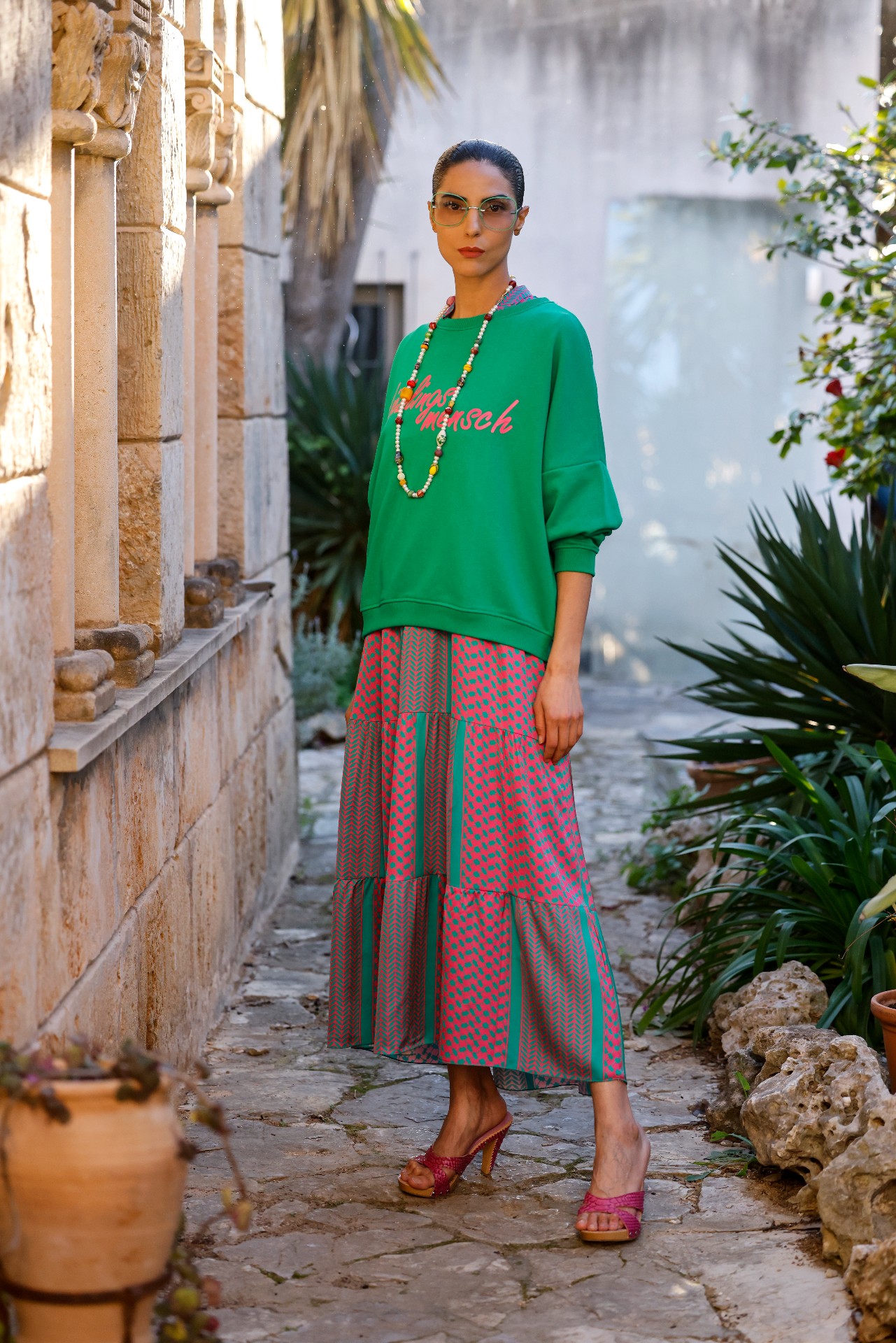 A Printed Skirt and a Colorful Sweatshirt