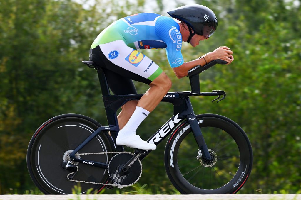 TESSENDERLO BELGIUM AUGUST 29 Jonathan Milan of Italy and Team Lidl Trek Blue Leader Jersey sprints during the 20th Renewi Tour 2024 Stage 2 a 154km individual time trial stage Tessenderlo to Tessenderlo UCIWT on August 29 2024 in Tessenderlo Belgium Photo by Luc ClaessenGetty Images
