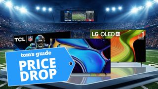 Collage of TVs shown in an NFL stadium