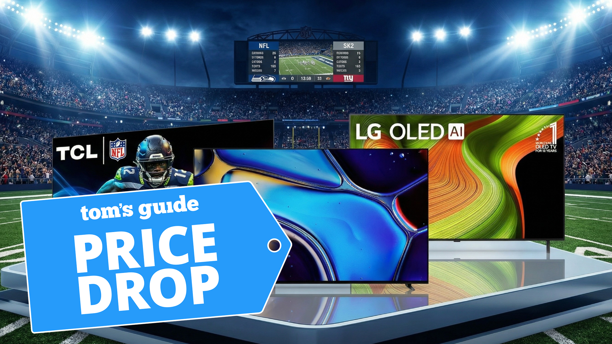 Collage of TVs shown in an NFL stadium