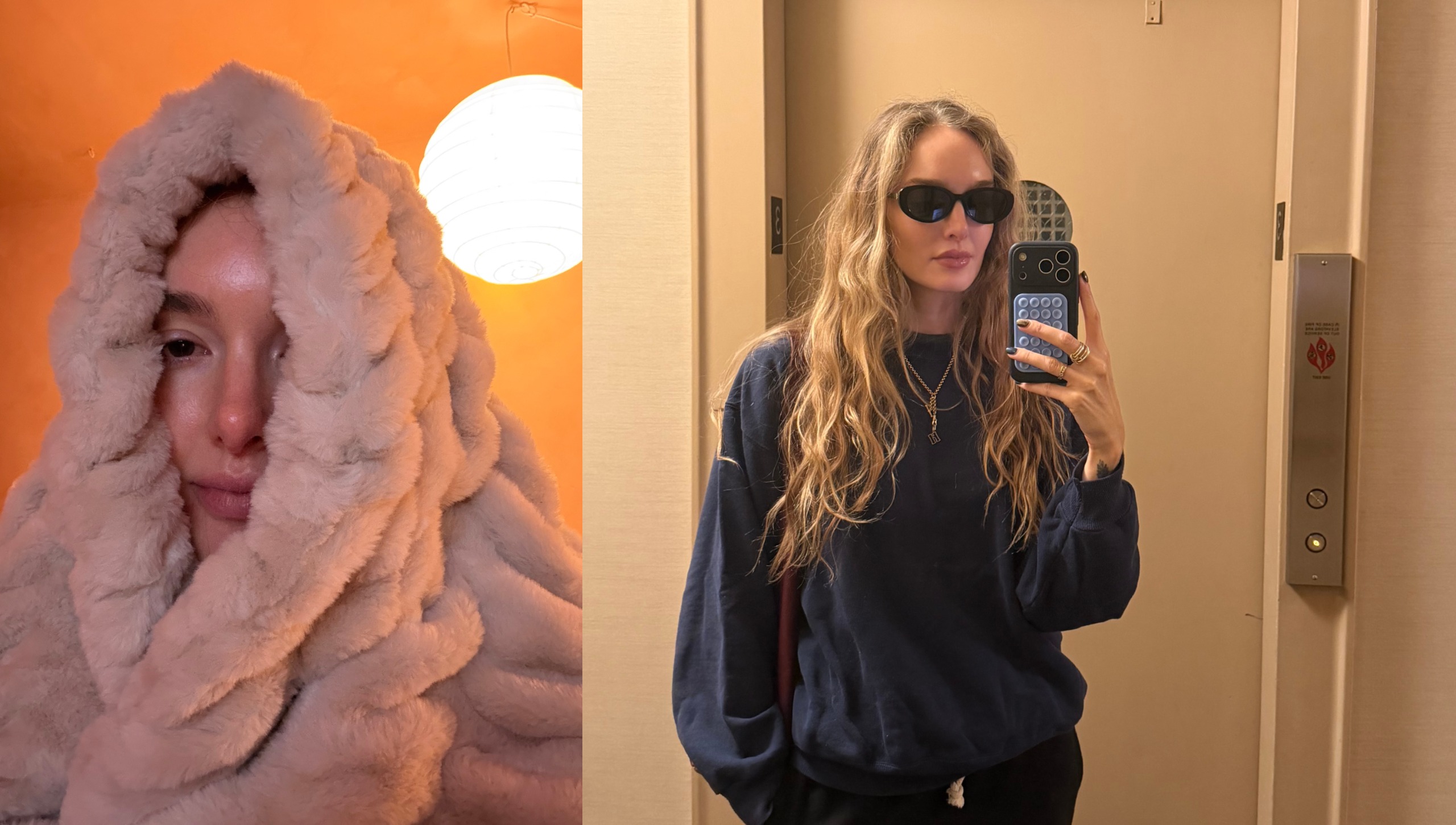 two images next to each other featuring a woman wrapped in a fuzzy blanket next to the same woman taking a mirror selfie