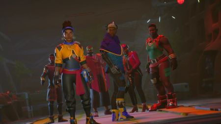 Relooted screenshot showing a cinematic of all of the characters that make up the heist team 