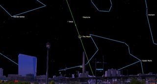 An illustration of the night sky on Jan. 24 at 7:15 p.m. EST (0015 GMT on Jan. 25) showing Neptune in close proximity to the moon.