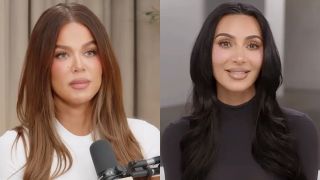 Khloe Kardashian is shown on her podcast, and Kim Kardashian is shown on The Kardashians.
