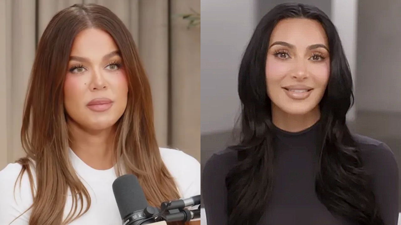 Khloe Kardashian is shown on her podcast, and Kim Kardashian is shown on The Kardashians.