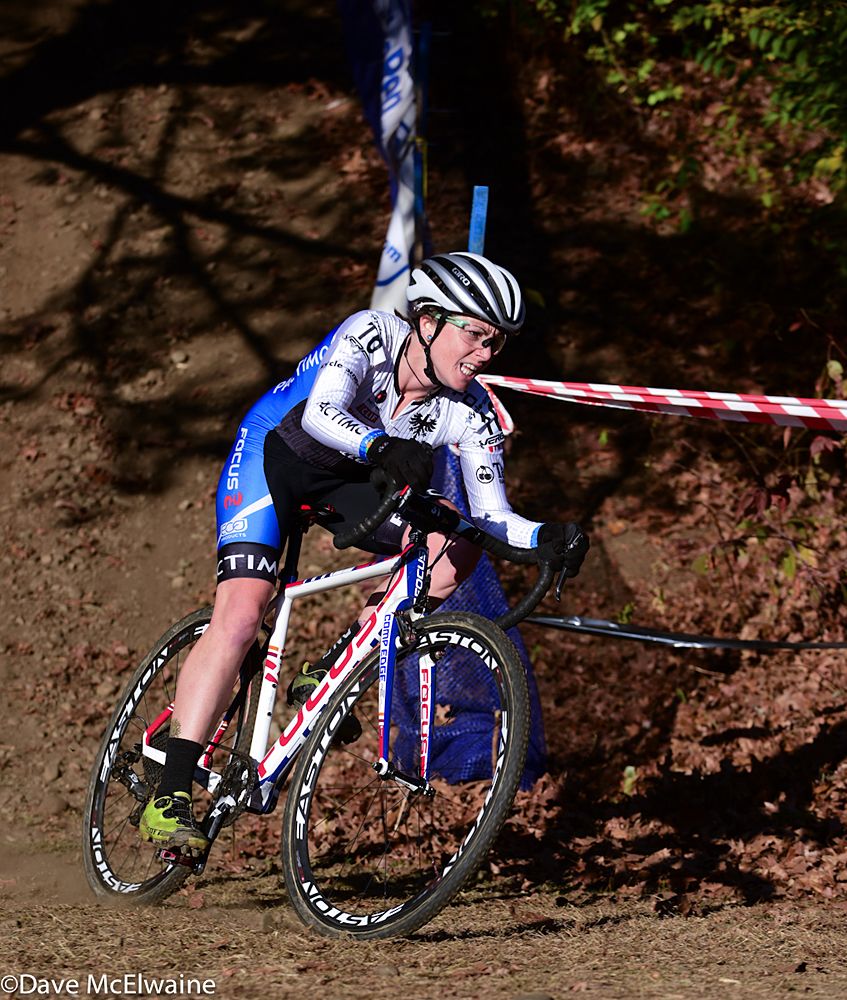 Jena Page Greaser (JAM/NCC/Vittoria) riding in third position halfway through the race