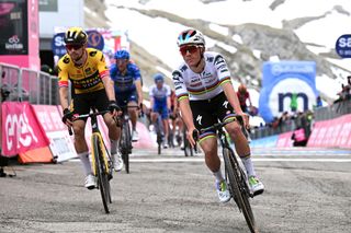 GRAN SASSO DITALIA CAMPO IMPERATORE ITALY MAY 12 LR Primo Rogli of Slovenia and Team JumboVisma and Remco Evenepoel of Belgium and Team Soudal Quick Step cross the finish line during the 106th Giro dItalia 2023 Stage 7 a 218km stage from Capua to Gran Sasso dItalia Campo Imperatore 2123m UCIWT on May 12 2023 in Gran Sasso dItalia Campo Imperatore Italy Photo by Stuart FranklinGetty Images