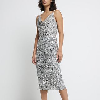 River Island Silver Embellished Sequin Midi dress