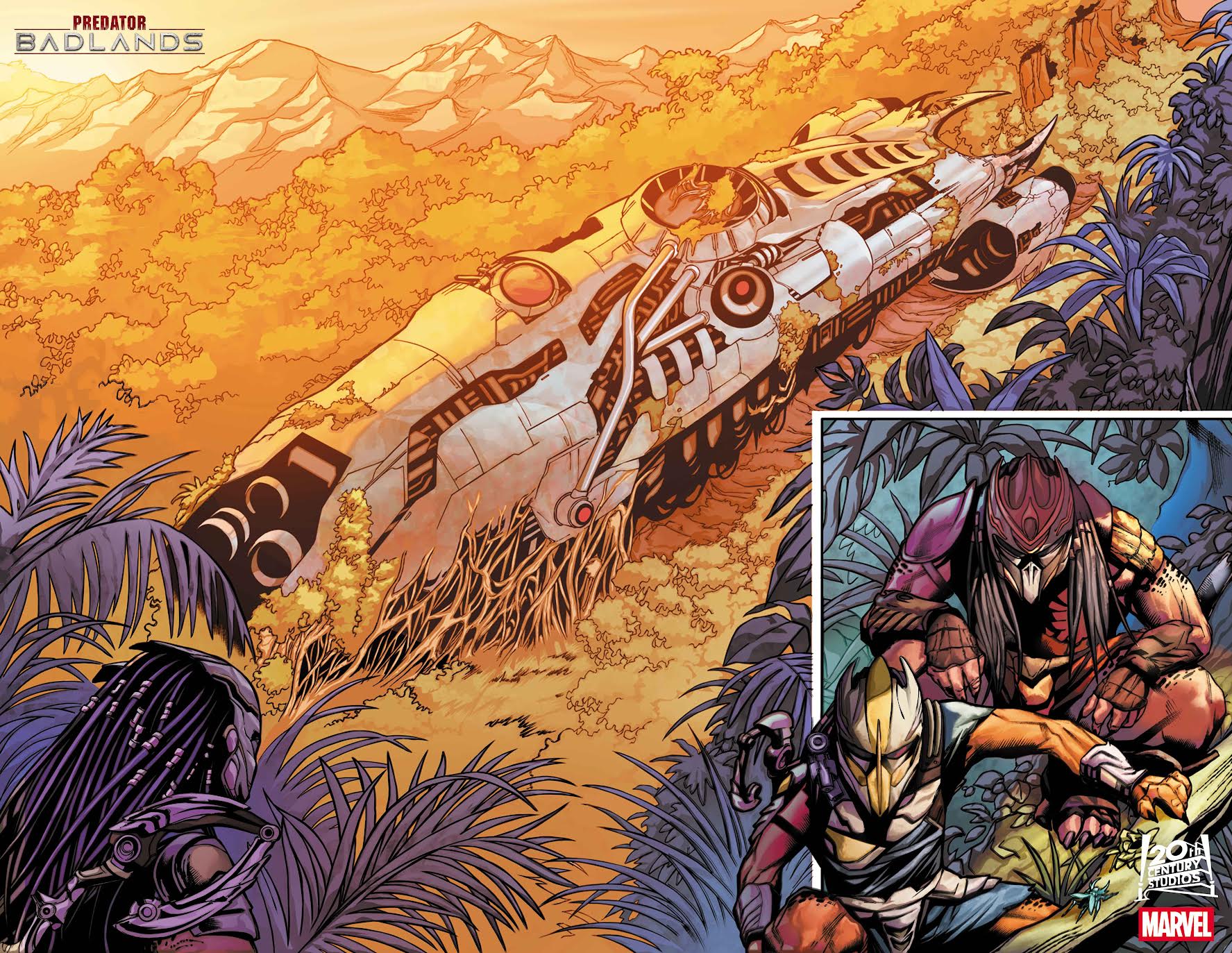 comic book artwork of a crashed spaceship and aliens