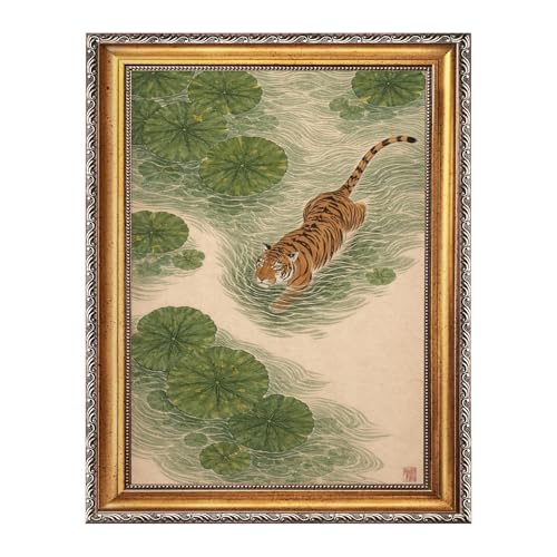 Japanese Tiger Wall Art Prints Vintage Asian Pond Painting Zen Nature Animals Posters Tiger in Lotus Pond Artwork Oriental Animal Nature Wall Decor for Living Room Bedroom 12x16inch Golden Frame