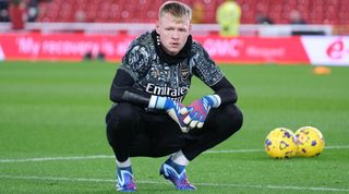 Aaron Ramsdale of Arsenal during a pre-match warm-up