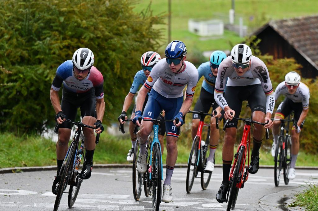 ZURICH SWITZERLAND SEPTEMBER 27 LR Martin Svrcek of Team Slovakia Joseph Blackmore of Team Great Britain and Niklas Behrens of Team Germany compete in the chase group during the 97th UCI Cycling World Championships Zurich 2024 Mens U23 Road Race a 1736km one day race from Uster to Zurich on September 27 2024 in Zurich Switzerland Photo by Tim de WaeleGetty Images