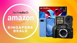 Assortment of tech on pink and yellow gradient background with TechRadar logo and "Amazon Singapore Deals" text