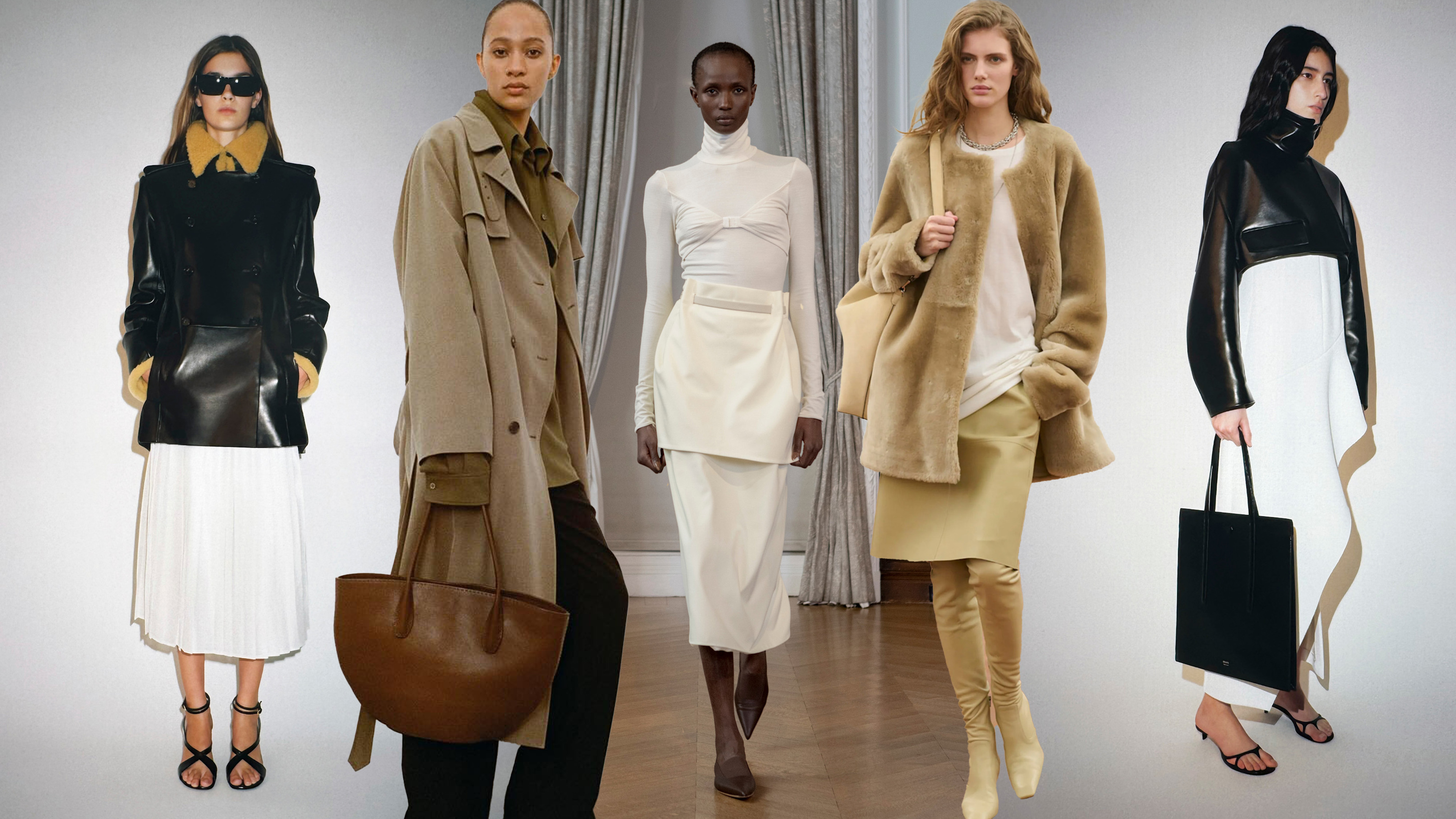 A collage of quiet luxury brands khaite, toteme, bevza and the row.