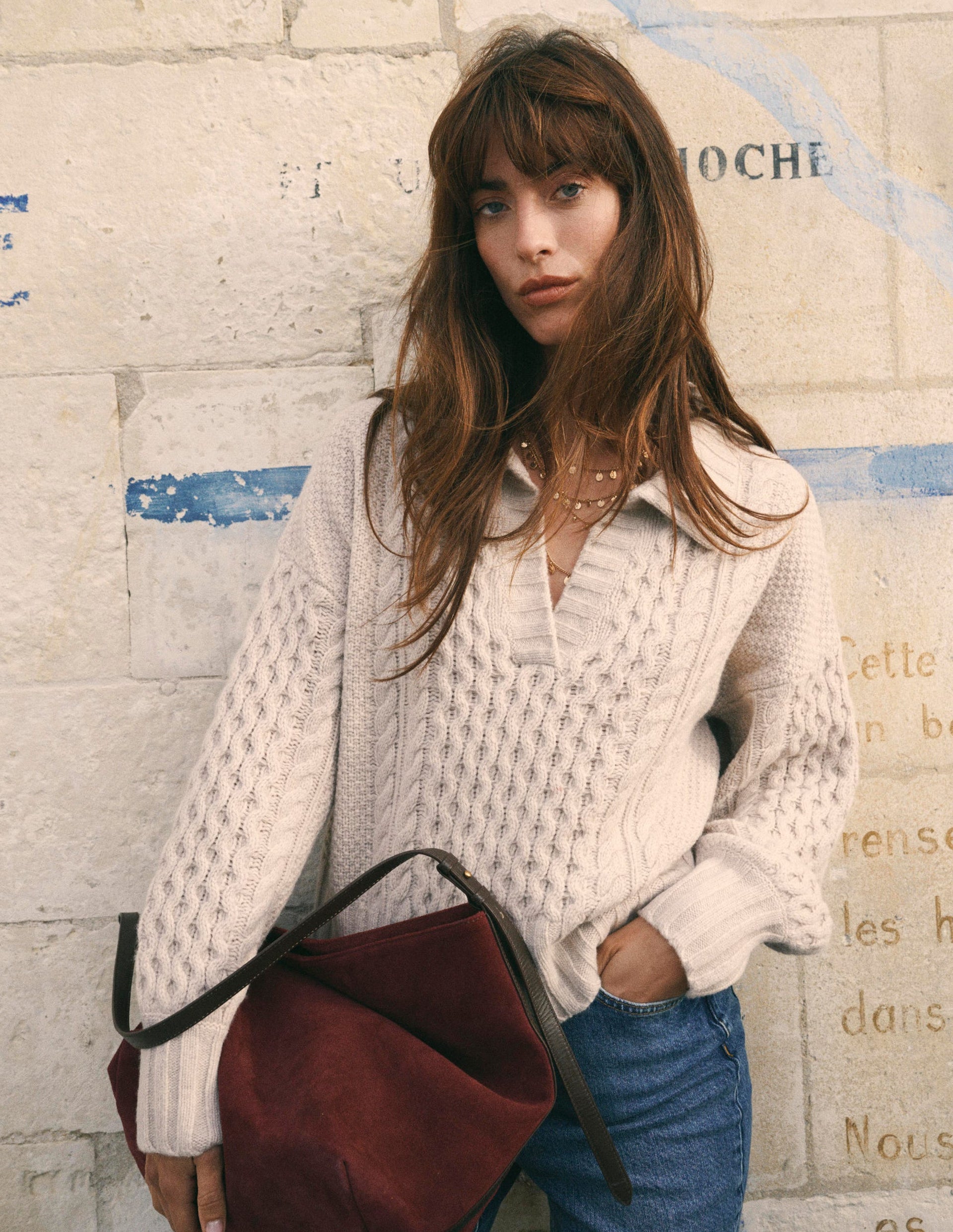 Collared Cable Knit Jumper-Oatmeal