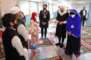 Camilla, Duchess of Cornwall is given a tour by Sister Bibi Khan, President of the London Islamic Society, during a visit to Wightman Road Mosque on April 07, 2021