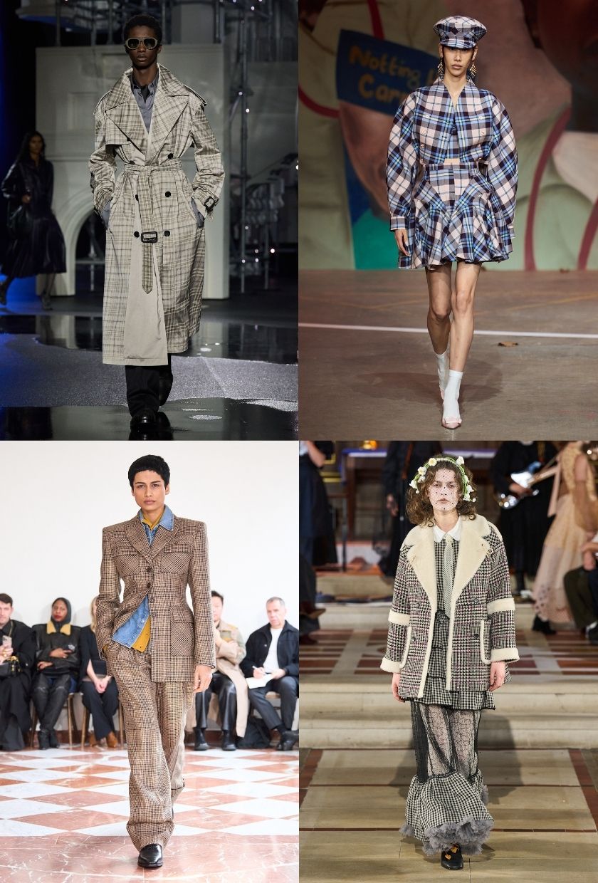 Collage of runway images from London Fashion Week AW/26 that feature check prints: Burberry, Tolu Coker, Emilia Wickstead and Bora Aksu.