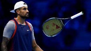 Nick Kyrgios spins his racket during the Nitto ATP Finals on Nov. 16, 2022