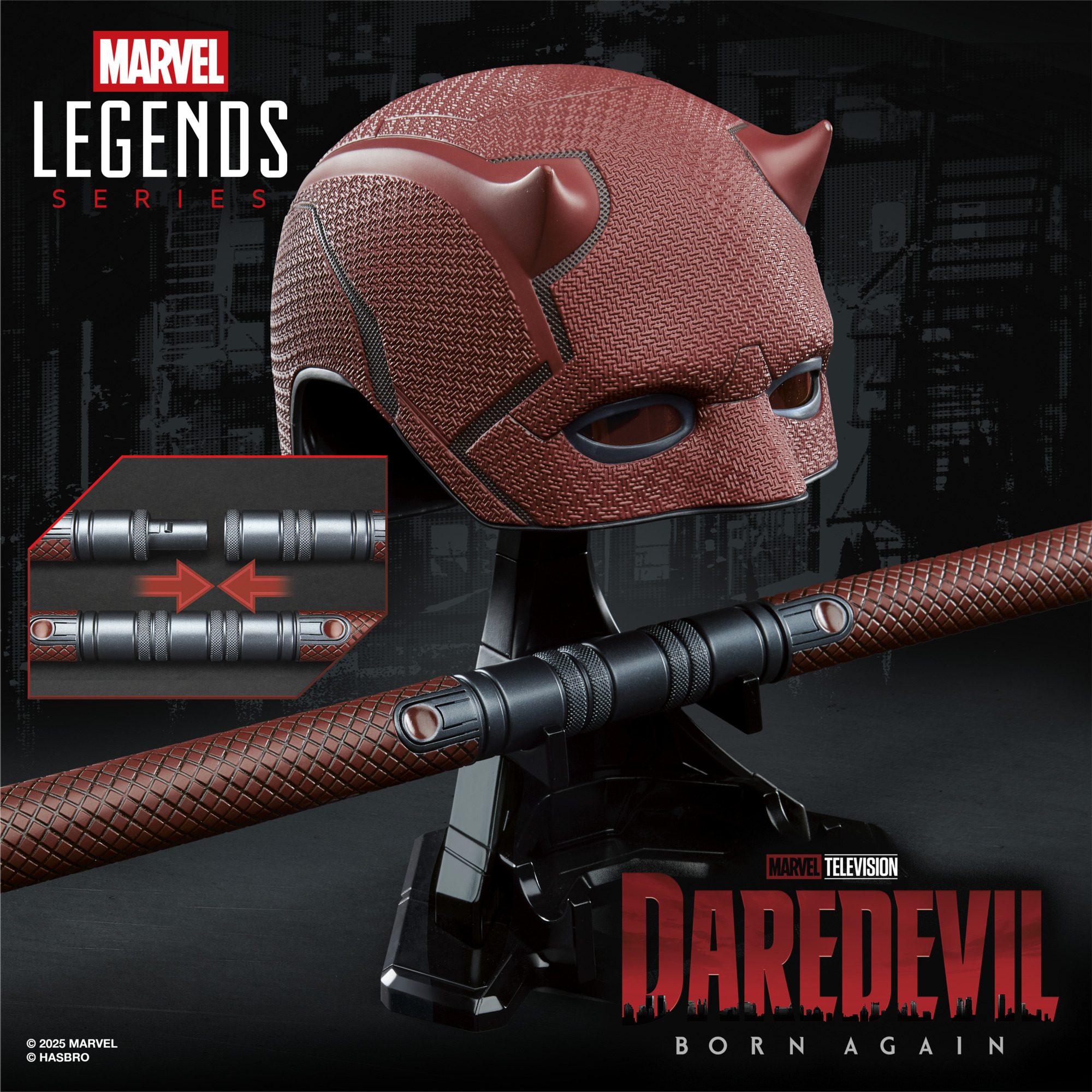Marvel Legends Series Daredevil replica helmet and Billy Club against a dark background with a city-scape pattern, alongside the Marvel Legends Series and Daredevil: Born Again logos