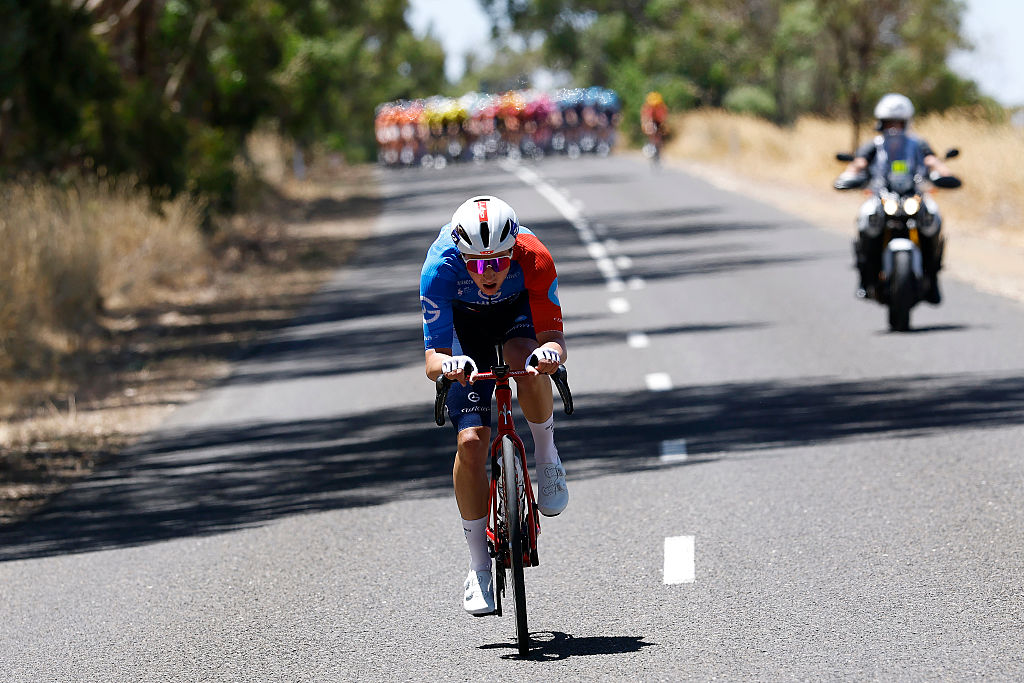 TANUNDA, AUSTRALIA - JANUARY 21: Enzo Paleni of France and Team Groupama - FDJ United competes in the breakaway during the 26th Santos Tour Down Under 2026, Stage 1 a 120.6km stage from Tanunda to Tanunda on January 21, 2026 in Tanunda, Australia. (Photo by Con Chronis/Getty Images)