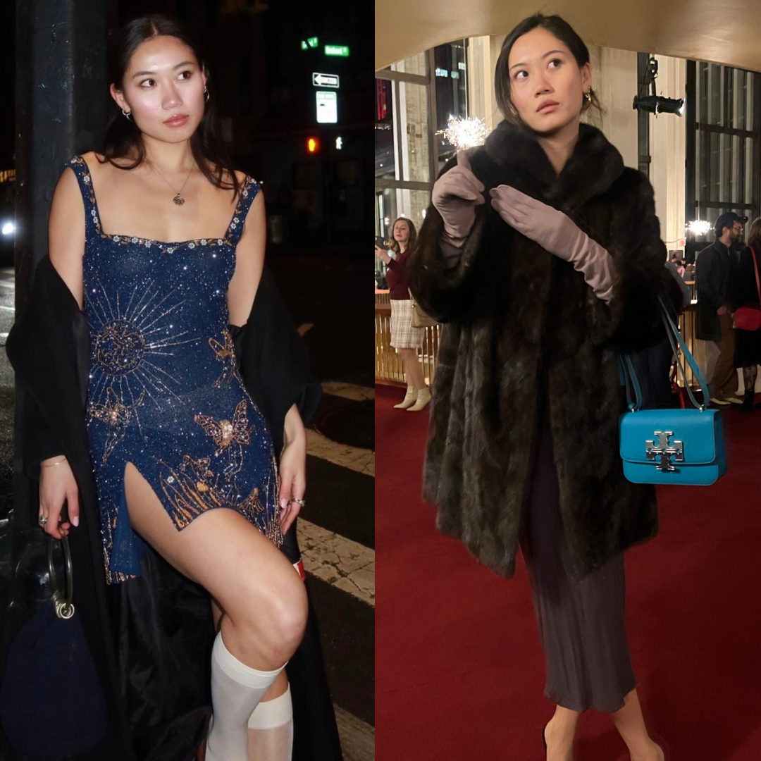 a collage of Vivian Li wearing black tie attire