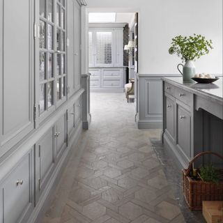 room with grey cabinets and wooden floor and grey wall
