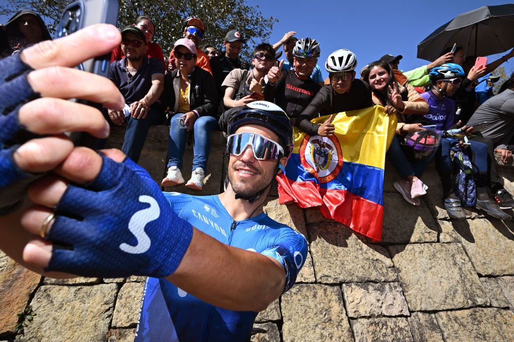 PAIPA COLOMBIA FEBRUARY 09 Albert Torres of Spain and Movistar Team takes a selfie with the fans prior to the 4th Tour Colombia 2024 Stage 4 a 1818km stage from Paipa to Zipaquira on February 09 2024 in Paipa Colombia Photo by Maximiliano BlancoGetty Images