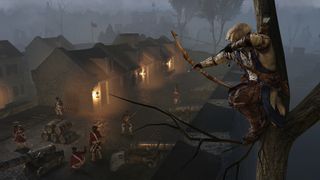 Beste Assassin’s Creed spill: Hovedpersonen Connor sitter i et tre og sikter med pil og bue mot en gruppe soldater