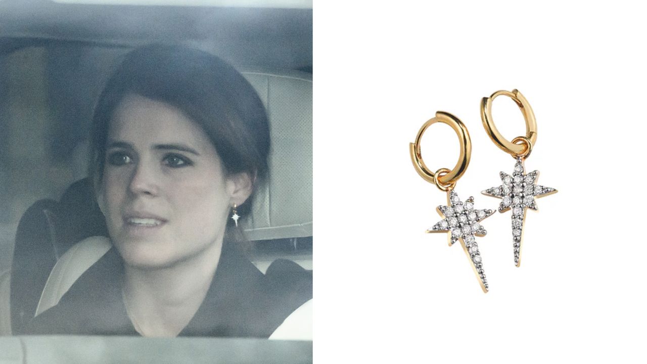 Princess Eugenie sitting in a car wearing a black coat and dangling earrings next to a picture of Sophie Lis Fallen Star hoop earrings