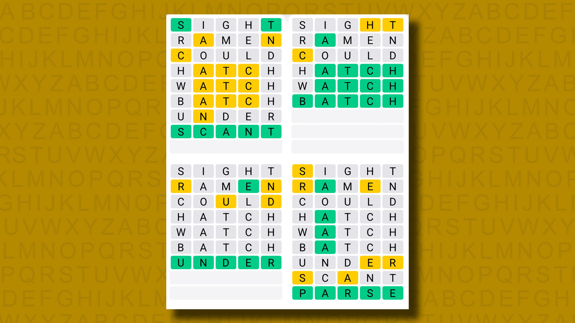Quordle answers for game 1235 on a yellow background