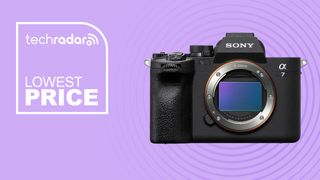 Sony Alpha a7 IV on purple background with lowest price text overlay