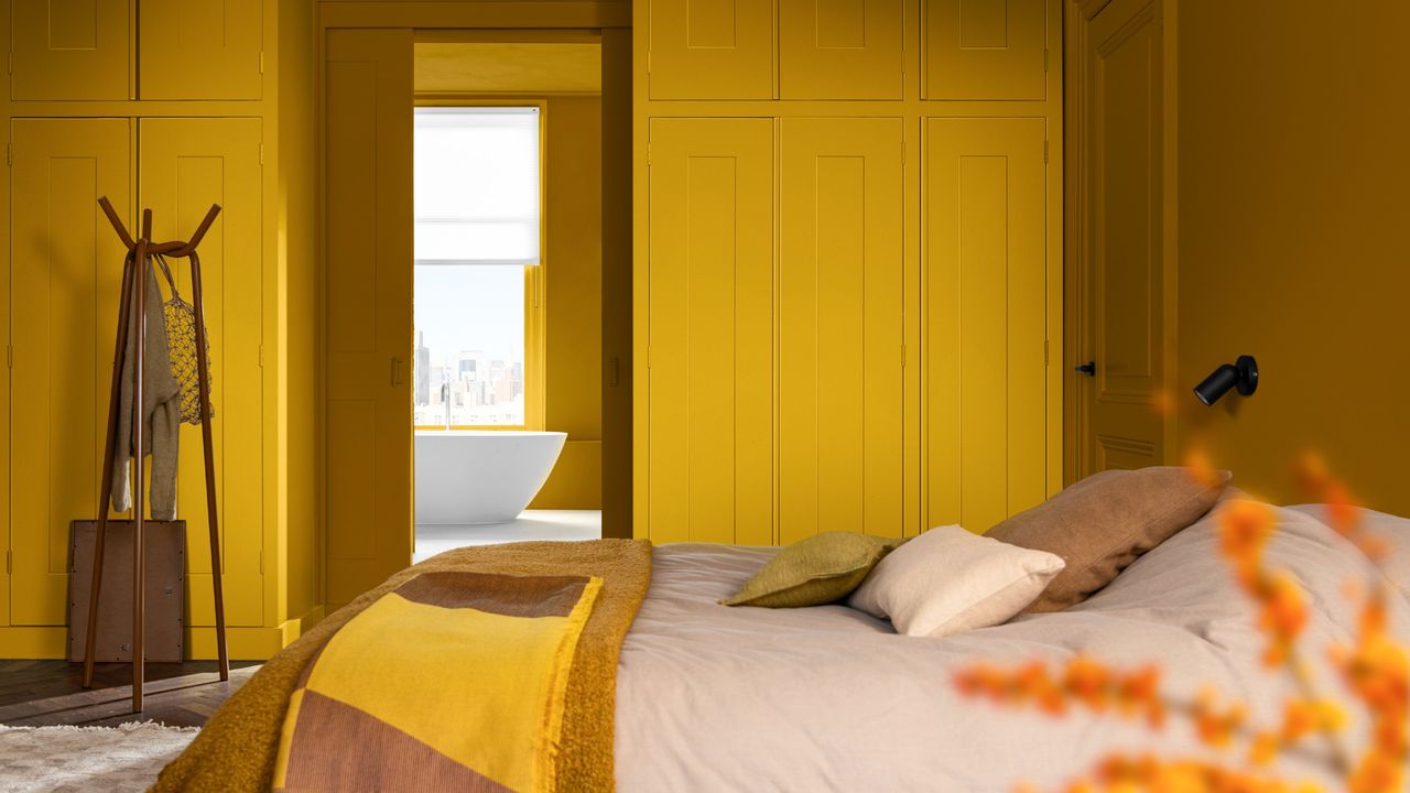 Dulux colour of the year 2025 true joy colour drenching a bedroom and an en-suite bathroom