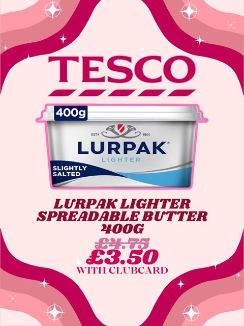 A tub of Lurpak butter with the price both with and without a Tesco Clubcard.