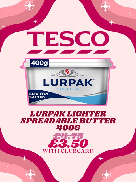 A tub of Lurpak butter with the price both with and without a Tesco Clubcard.