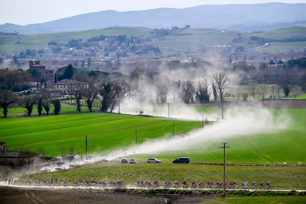 The pack of riders pictured in action during the men elite 'Strade Bianche' one day cycling race, 213km from and to Siena, Italy on Saturday 08 March 2025. BELGA PHOTO DIRK WAEM (Photo by DIRK WAEM / BELGA MAG / Belga via AFP)