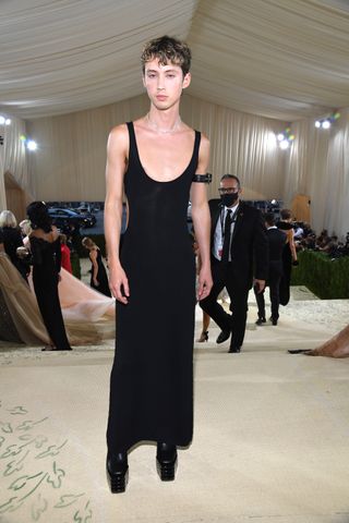 Troye Sivan wore a dress by Altu and paired with platform Rick Owens boots to the Met Gala