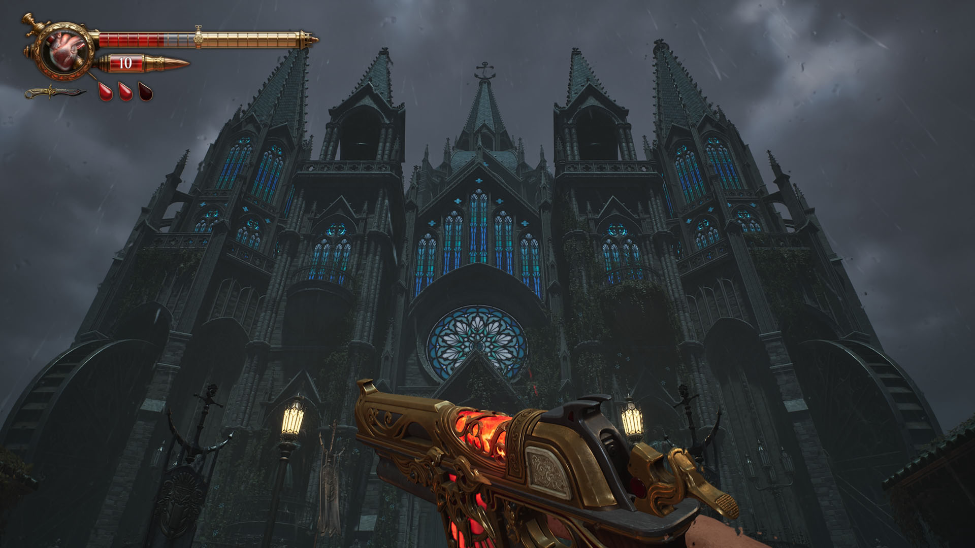 Looking up at a massive gothic catherdral in Crisol: Theater of Idols, an ornate handgun held by the player, adorned with blood red features, in view